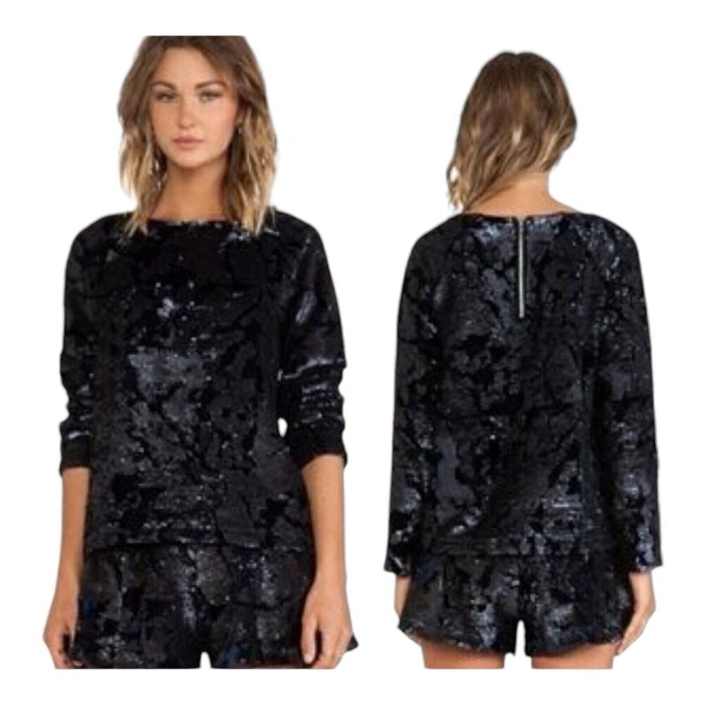 J.O.A. LOS ANGELES‎ NAVY BLUE SEQUIN VELVET CREW NECK SWEATER BC2965 SMALL SHINY
